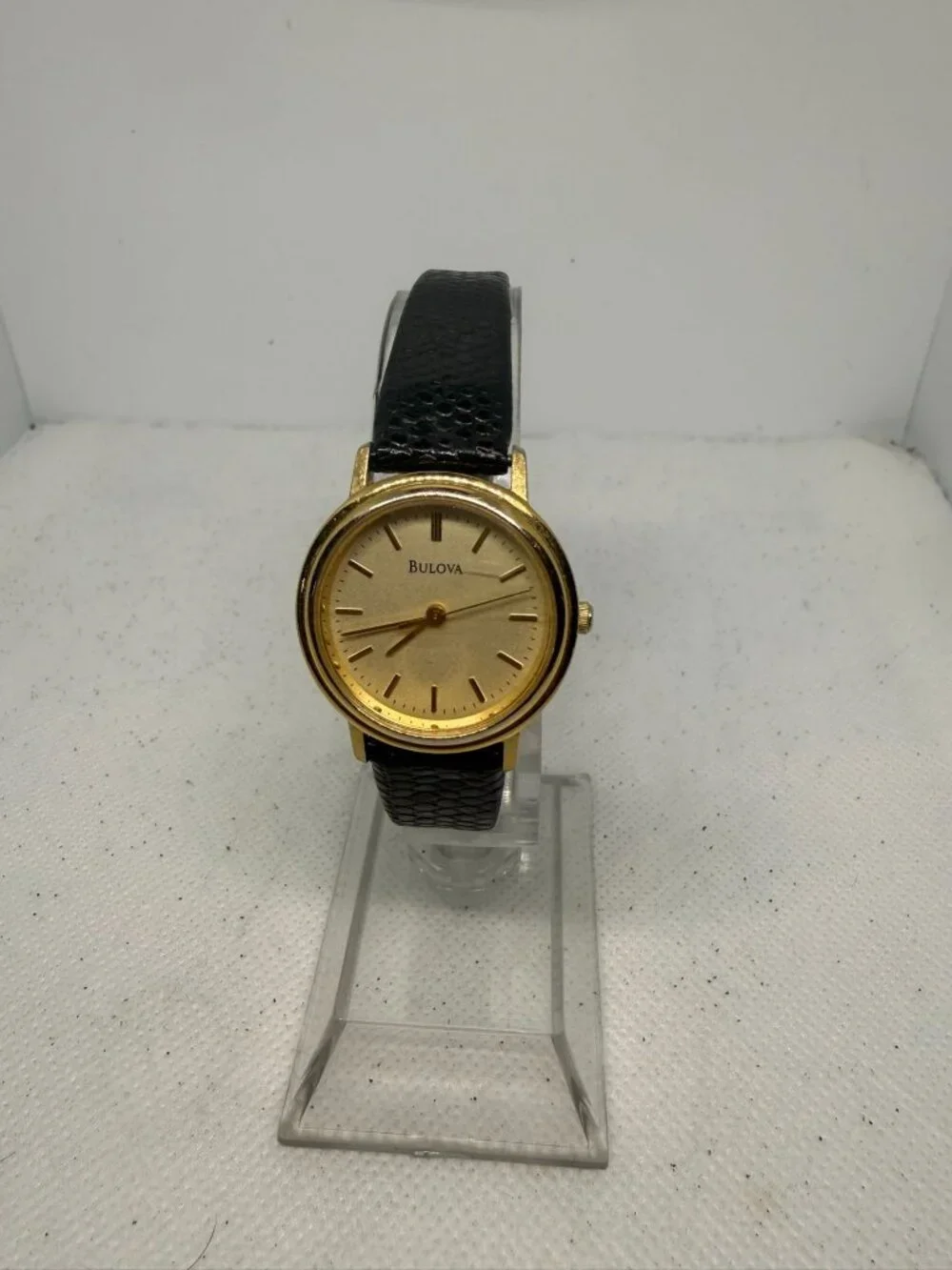 Vintage Bulova T7 Quartz Gold Tone Bezel Black Speidel Leather Women's Watch